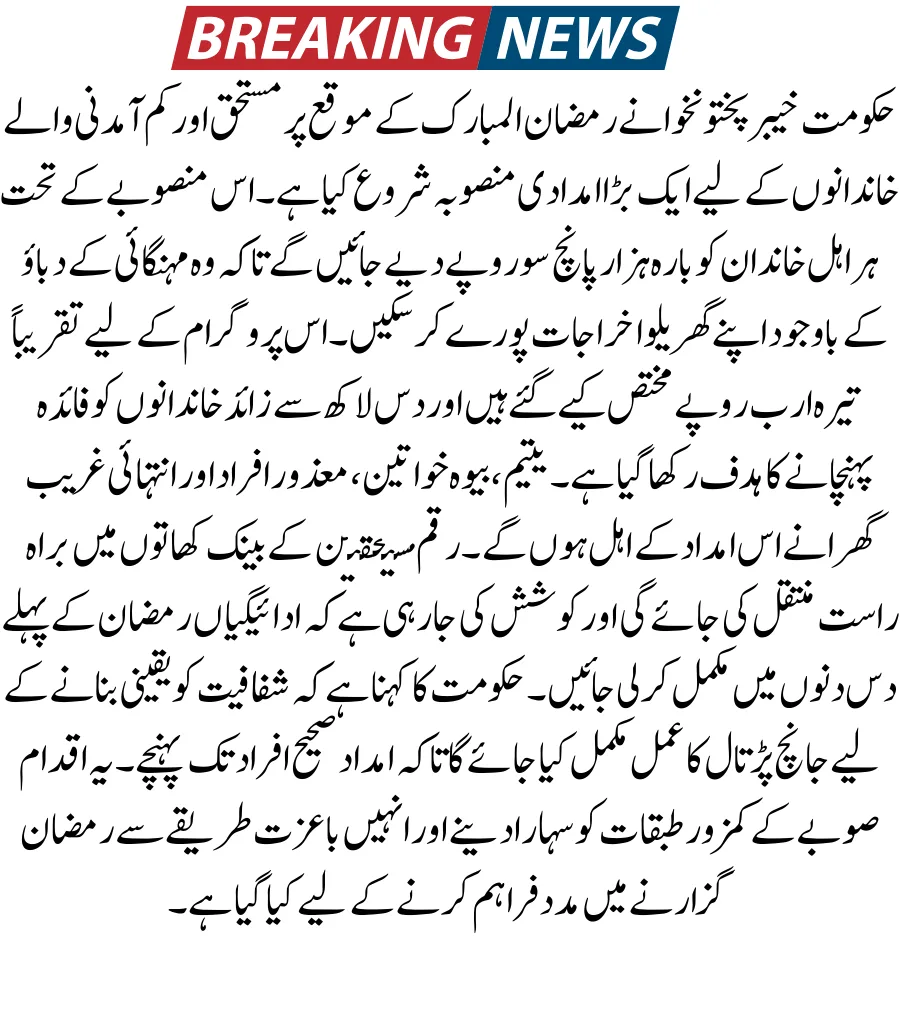 Khyber Pakhtunkhwa KPK Ramzan Package Rupees 12,500